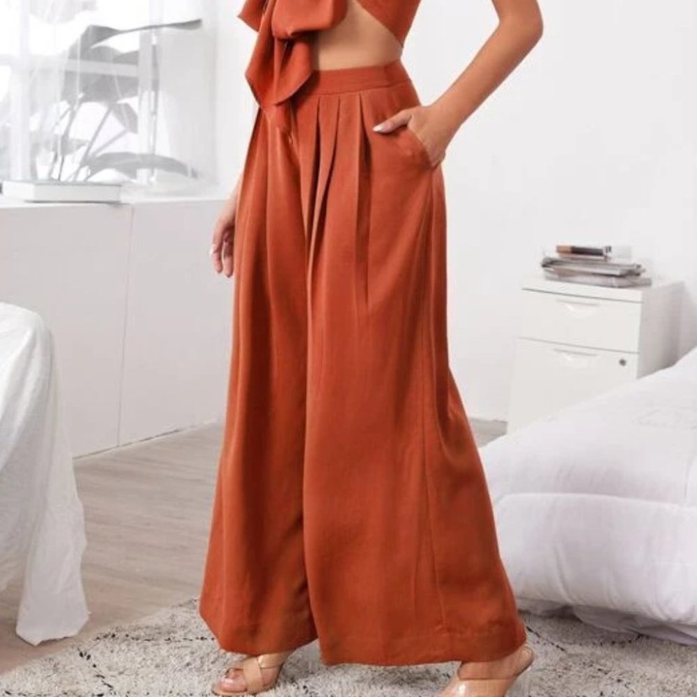 Boho 2 Piece Tie Front Tube Top & Pleated Wide Leg Pants Set  burnt orange - Picture 6 of 12